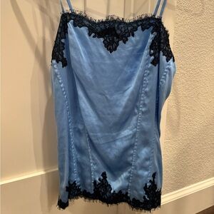 Blue tank top with black lace trim
